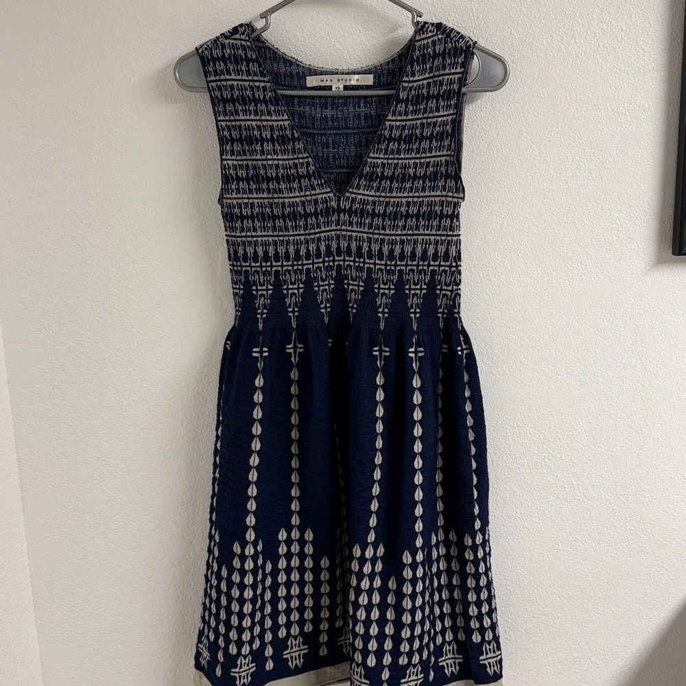 MAX STUDIO Fit and Flare, Smocked Mini Dress, Navy xs